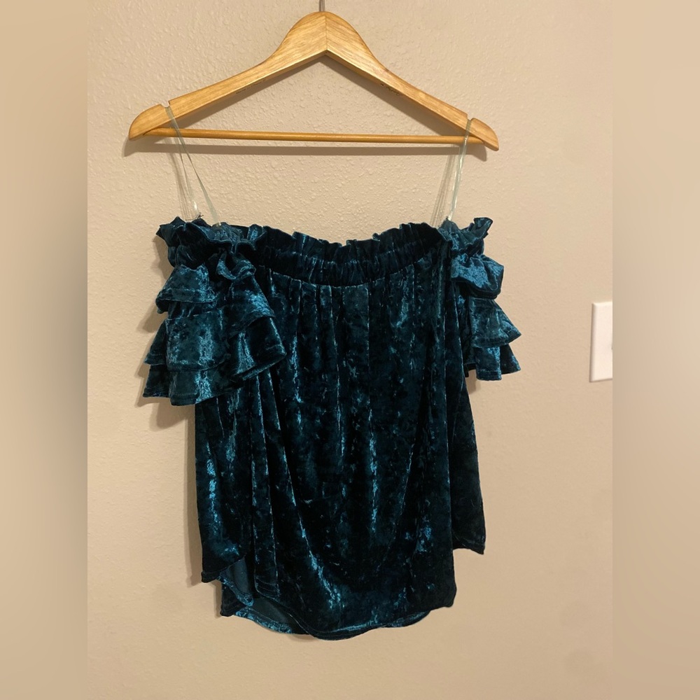 UMGEE women’s Velvet Off-Shoulder Ruffle Top - Tealish green